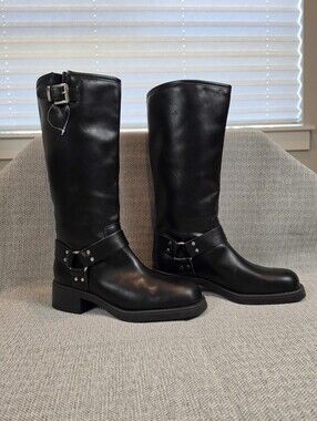 Madden Girl Black Leather Mid-Calf Harness Heeled Boots